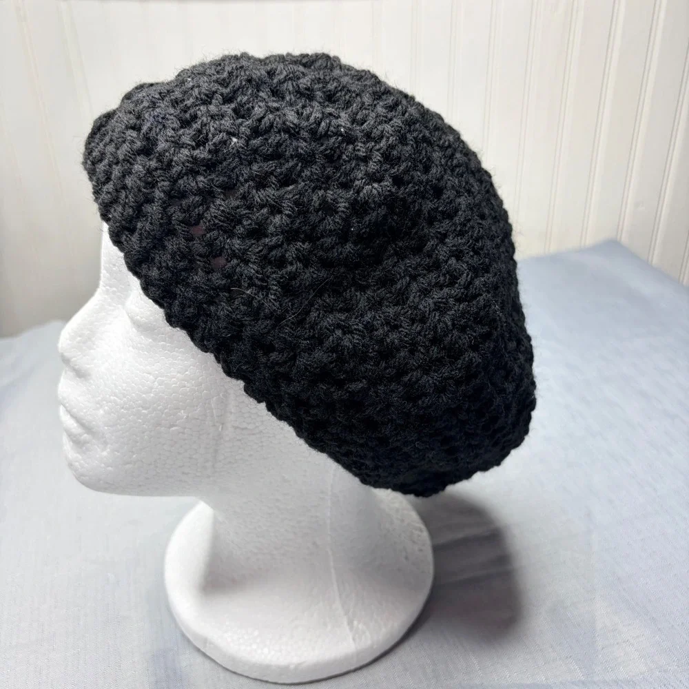 Handmade Beret Hat One Size Black Crochet Knit Slouchy French Artist Tam